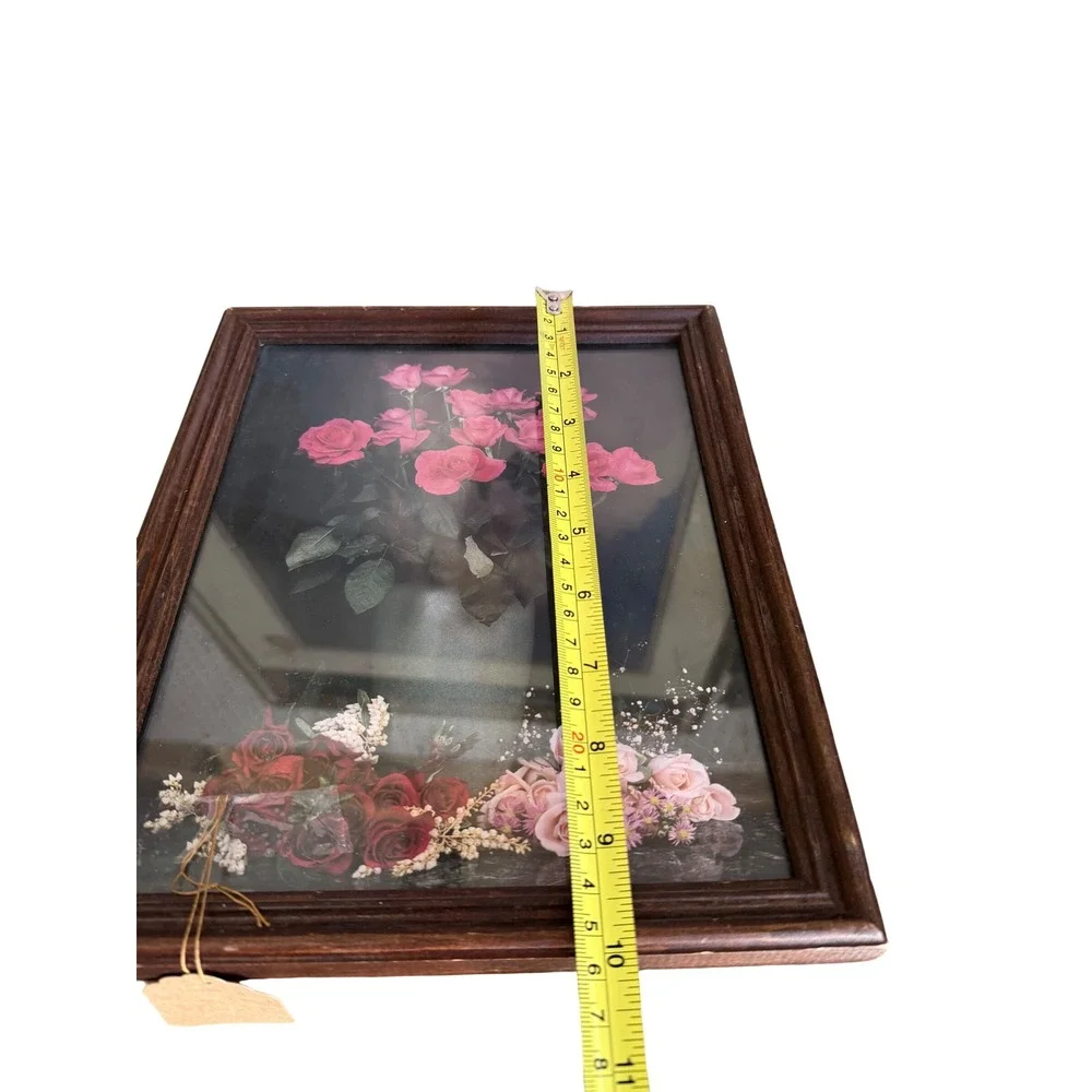 Vintage Framed Pink Rose Floral Still Life Dark Wood Frame 8x10 Cottagecore